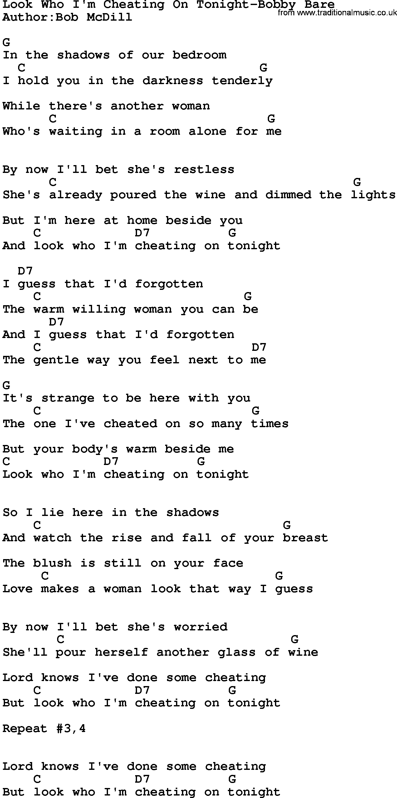 Country music song: Look Who I'm Cheating On Tonight-Bobby Bare lyrics and chords