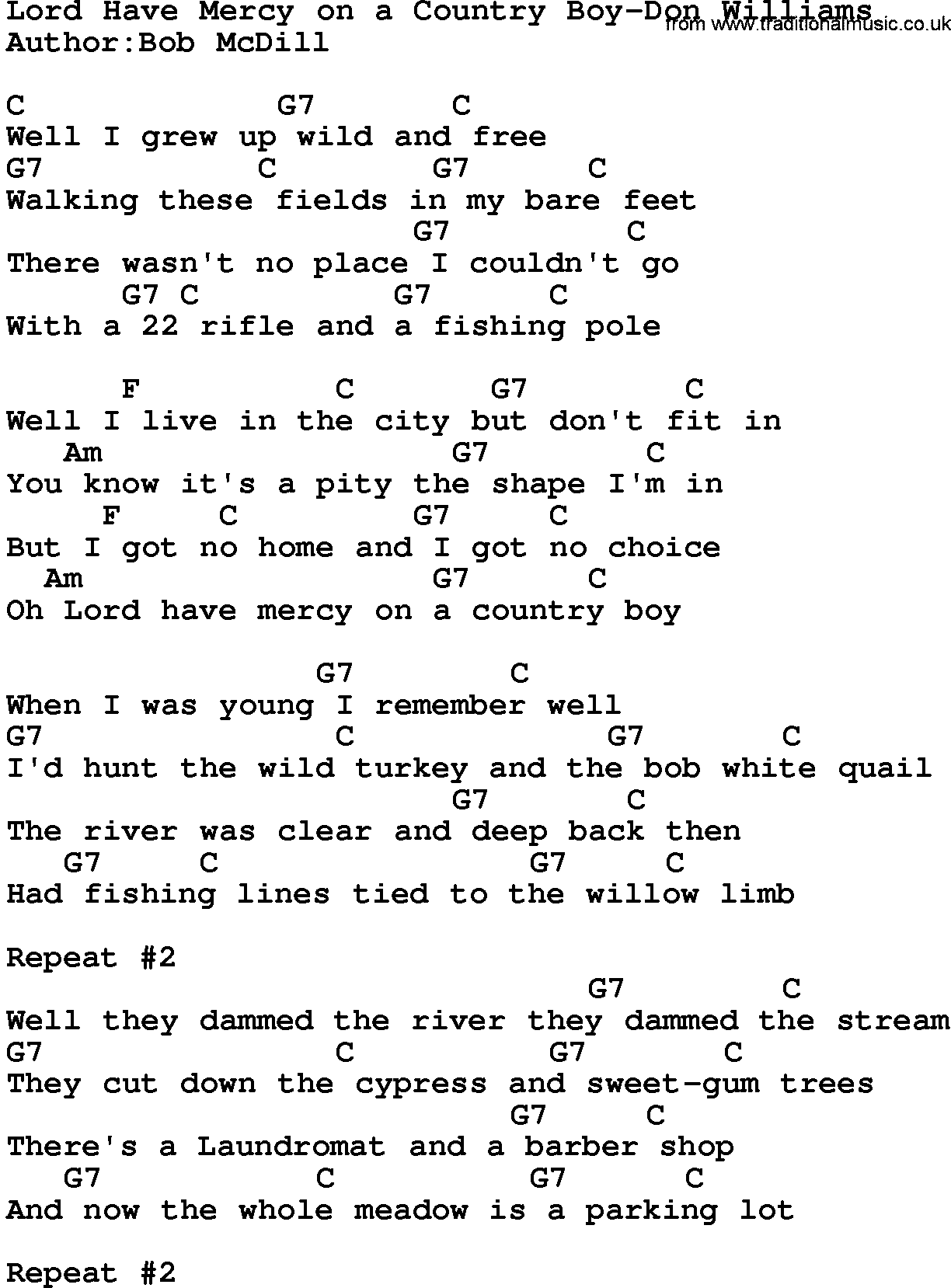 Country music song: Lord Have Mercy On A Country Boy-Don Williams lyrics and chords