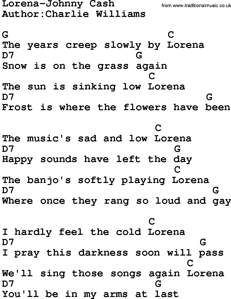 Country music song: Lorena-Johnny Cash lyrics and chords