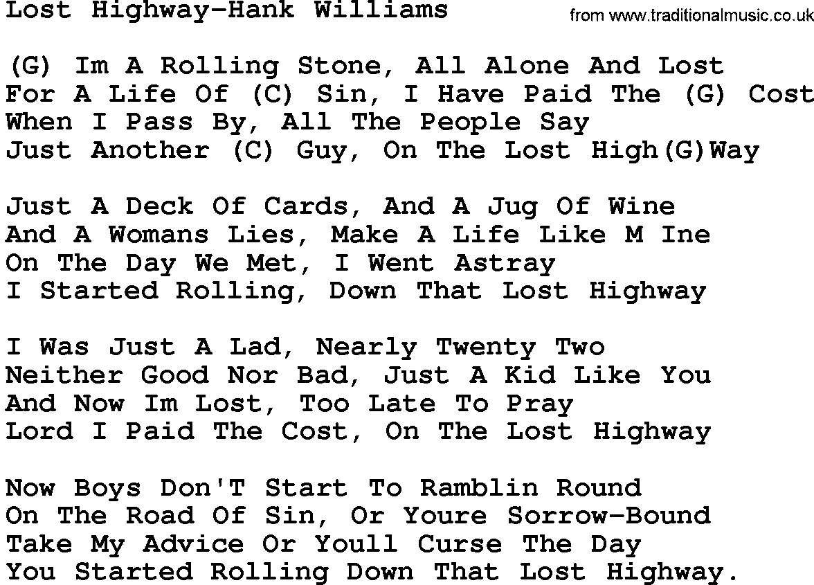 Country music song: Lost Highway-Hank Williams lyrics and chords