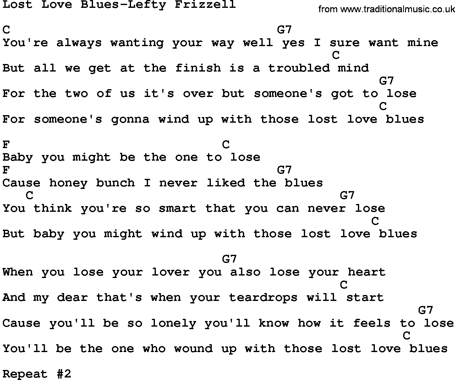 Country music song: Lost Love Blues-Lefty Frizzell lyrics and chords