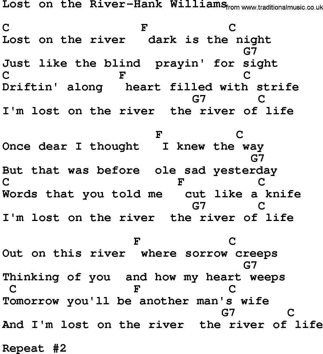 Country music song: Lost On The River-Hank Williams  lyrics and chords