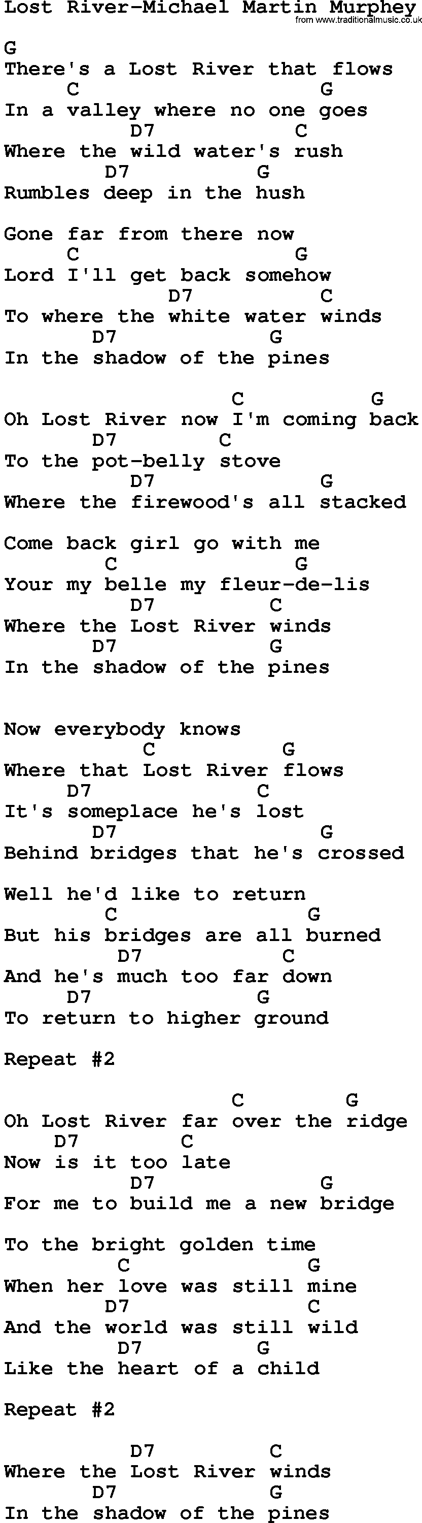 Country music song: Lost River-Michael Martin Murphey lyrics and chords