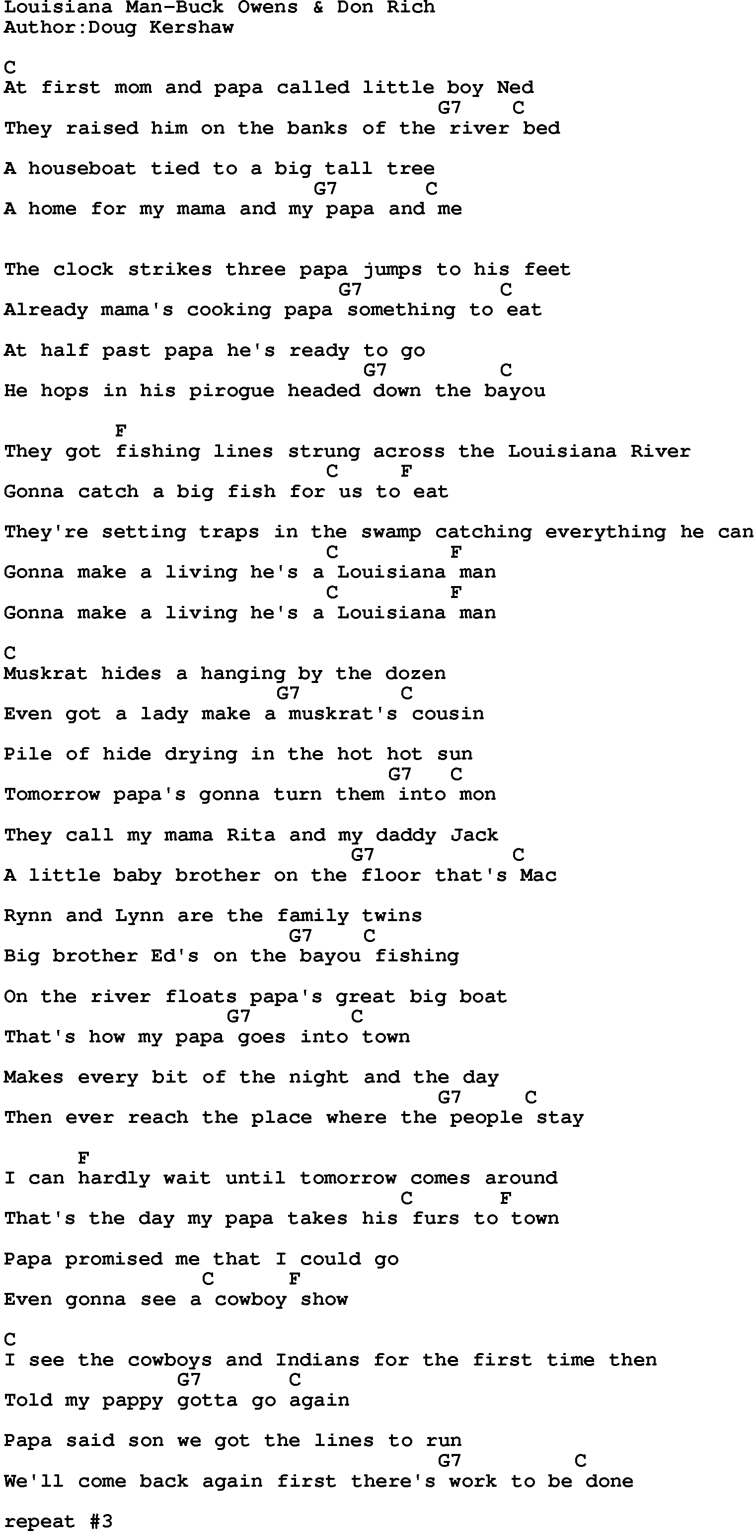 Country music song: Louisiana Man-Buck Owens & Don Rich lyrics and chords