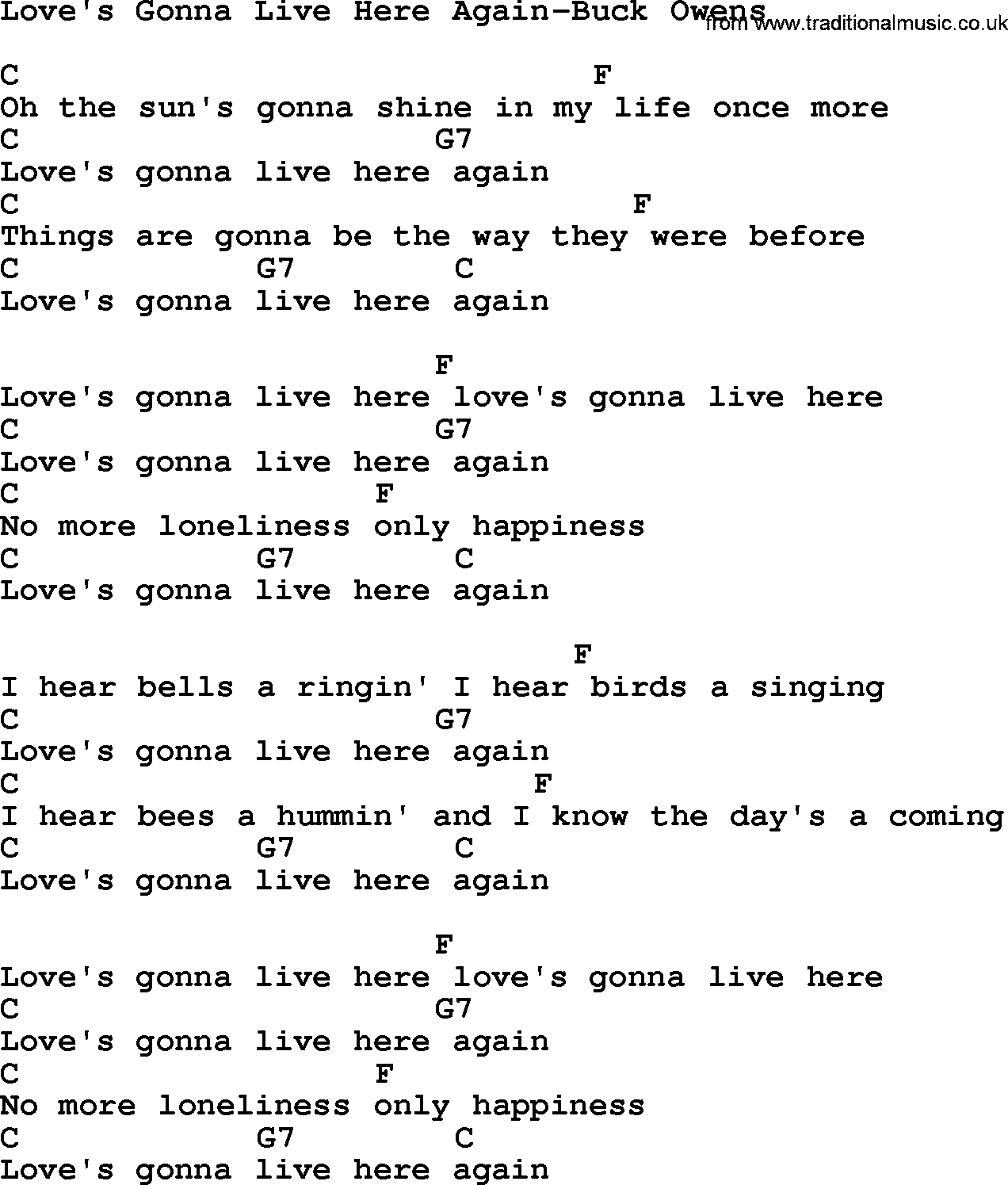 Country music song: Love's Gonna Live Here Again-Buck Owens lyrics and chords