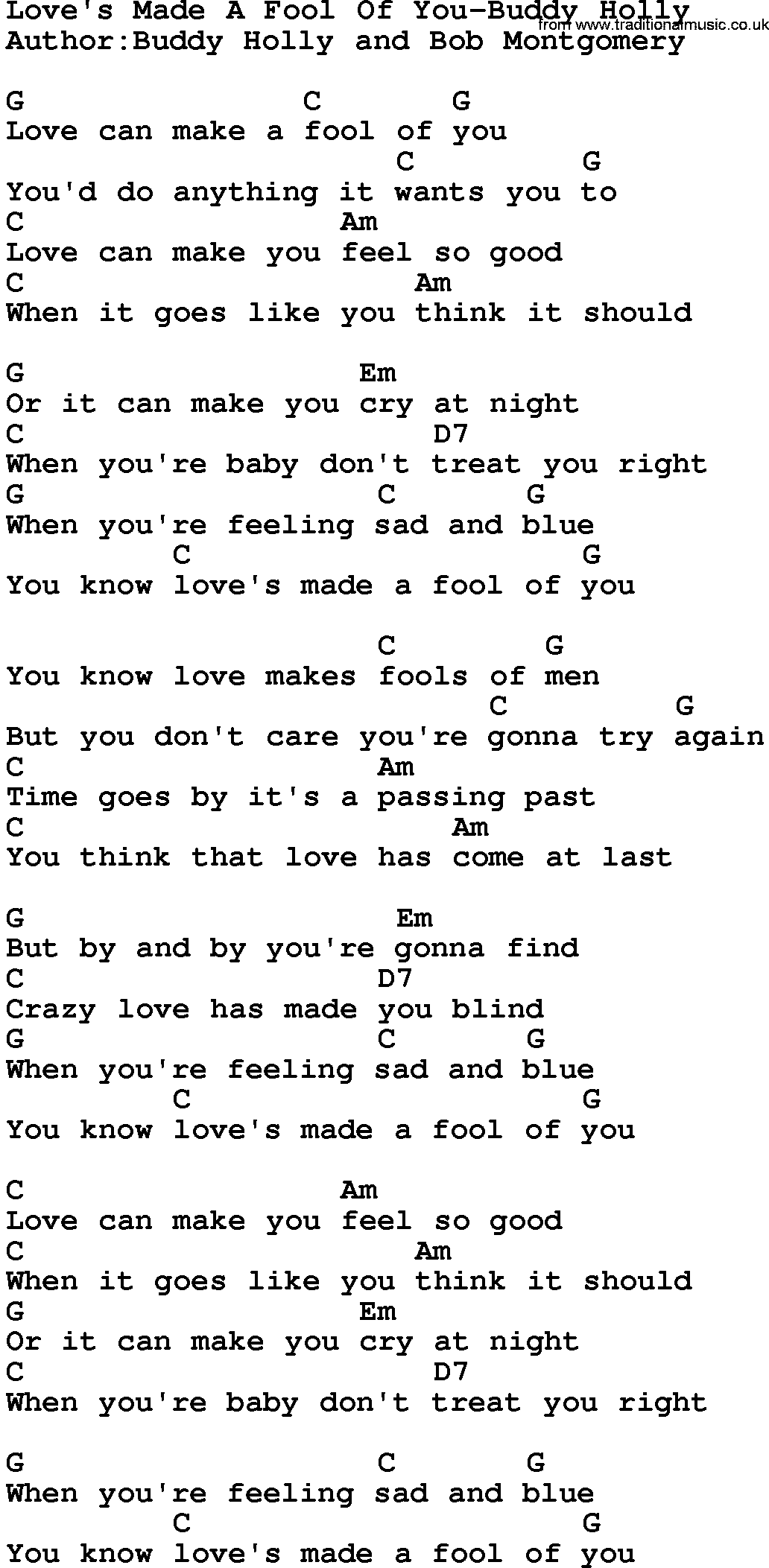 Country music song: Love's Made A Fool Of You-Buddy Holly lyrics and chords