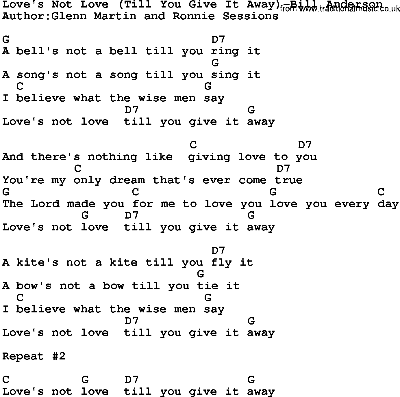 Country music song: Love's Not Love(Till You Give It Away)-Bill Anderson lyrics and chords