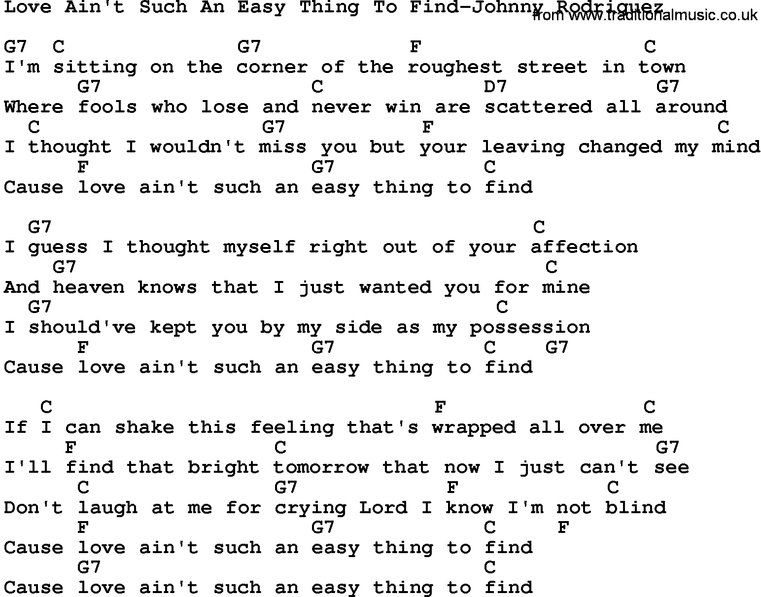 Country music song: Love Ain't Such An Easy Thing To Find-Johnny Rodriguez lyrics and chords