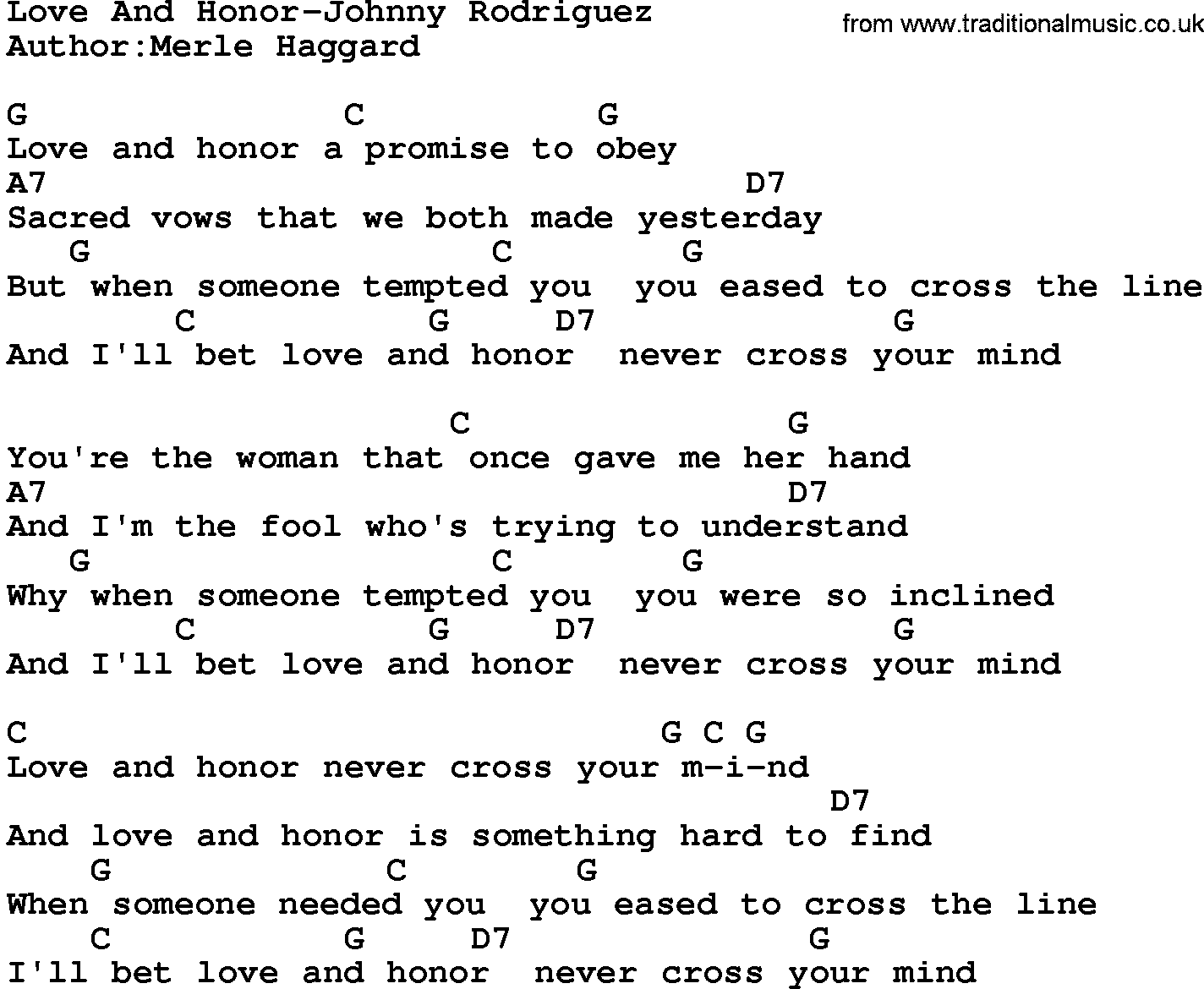 Country music song: Love And Honor-Johnny Rodriguez lyrics and chords