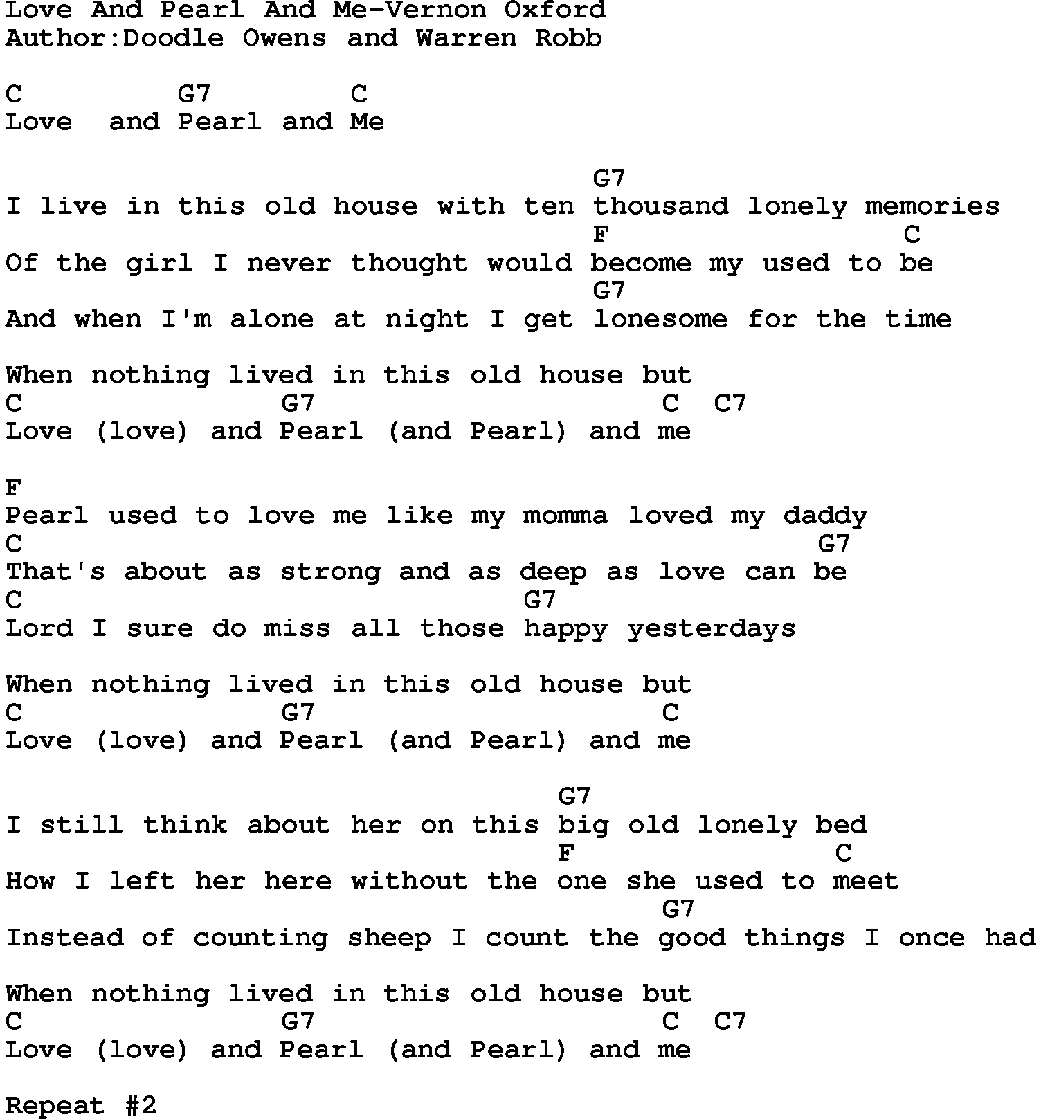 Country music song: Love And Pearl And Me-Vernon Oxford lyrics and chords