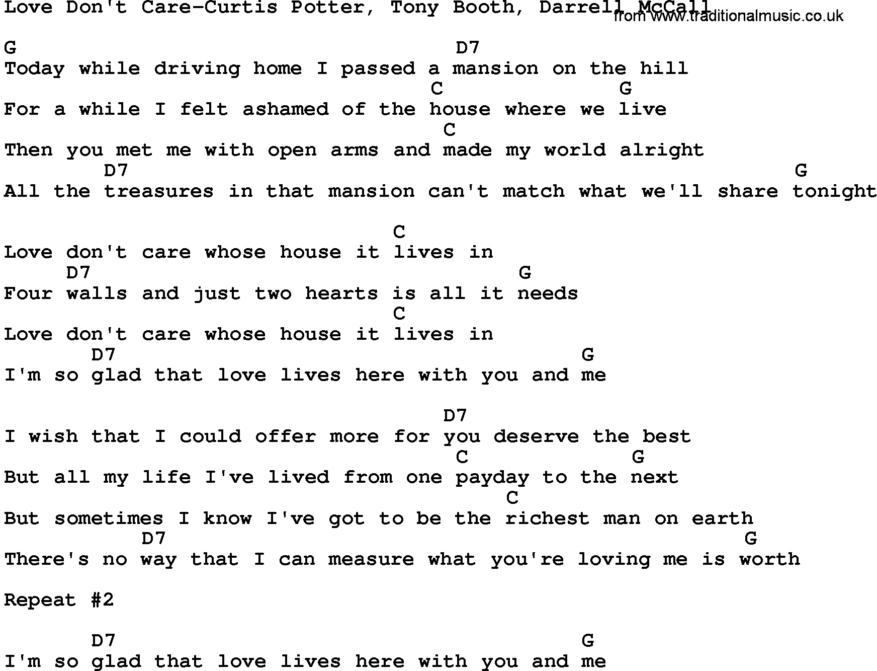 Country music song: Love Don't Care-Curtis Potter, Tony Booth, Darrell Mccall lyrics and chords