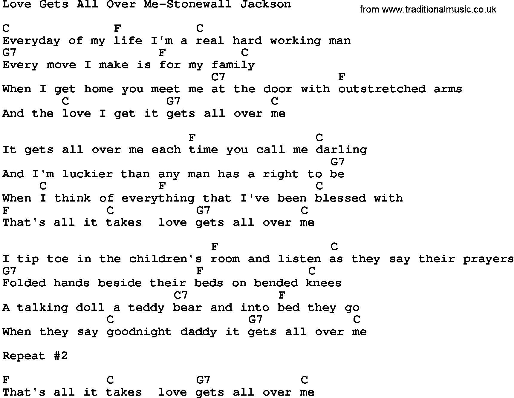 Country music song: Love Gets All Over Me-Stonewall Jackson lyrics and chords