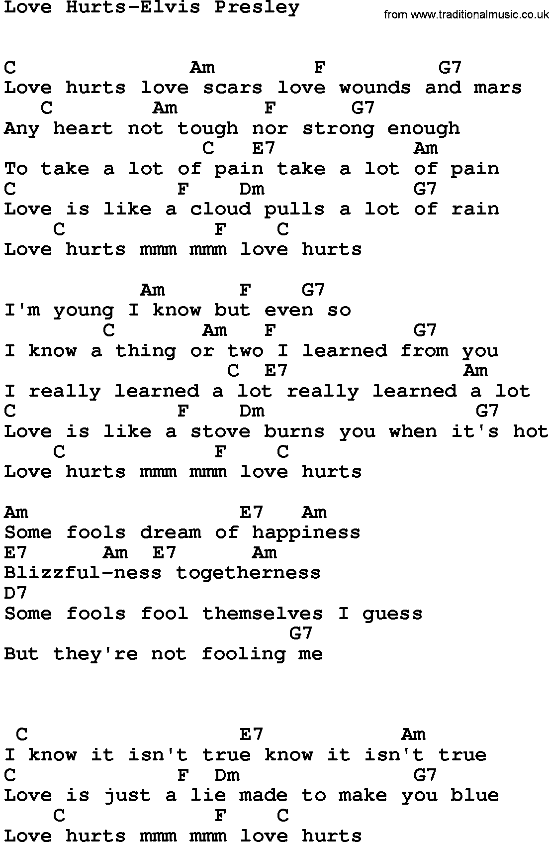 Country music song: Love Hurts-Elvis Presley lyrics and chords