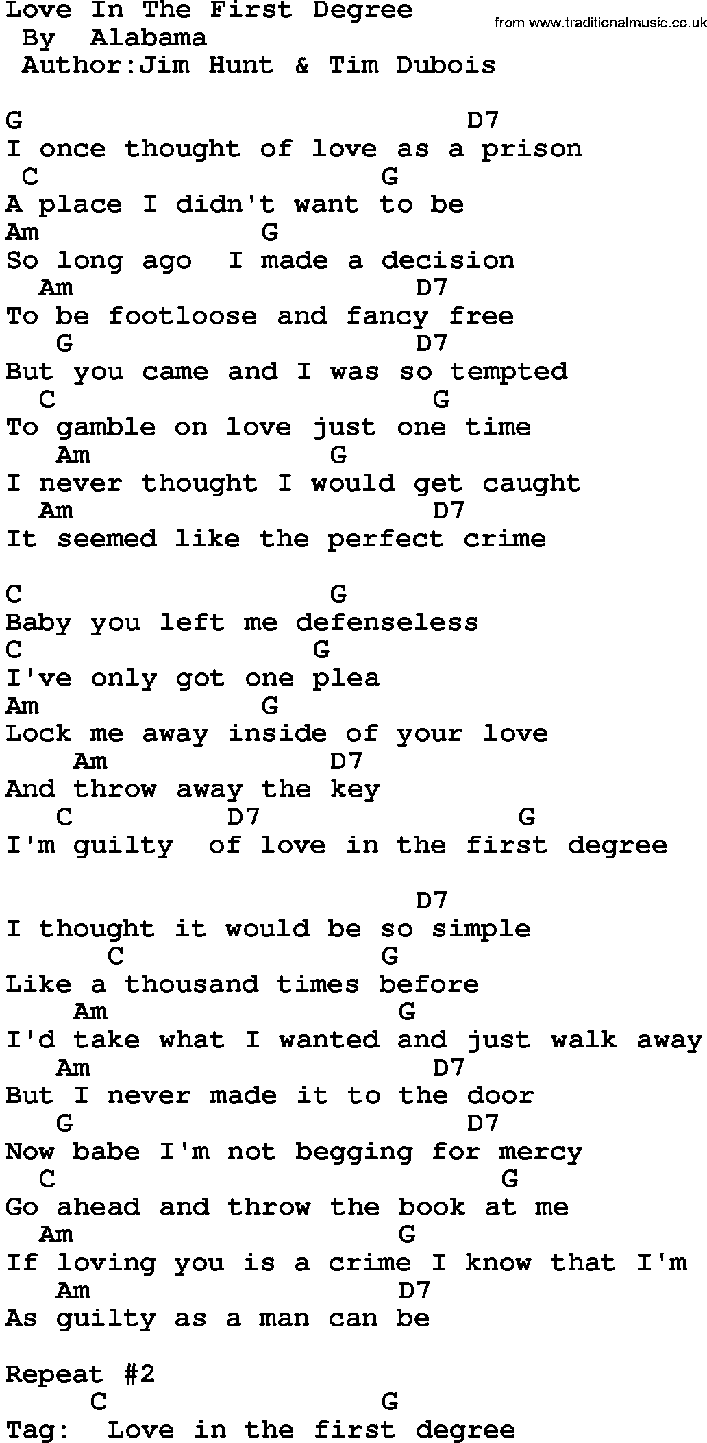 Country music song: Love In The First Degree lyrics and chords