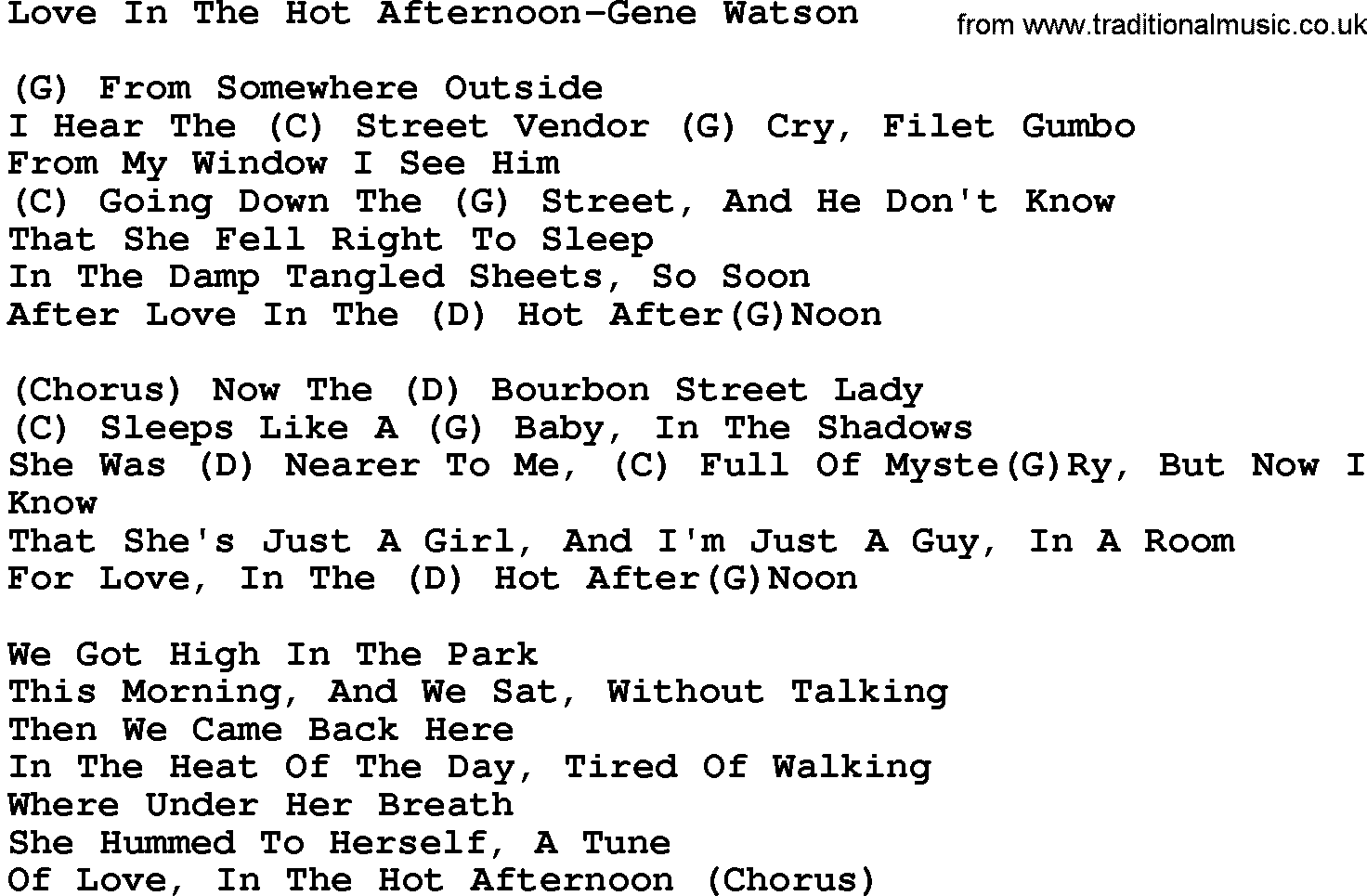 Country music song: Love In The Hot Afternoon-Gene Watson lyrics and chords
