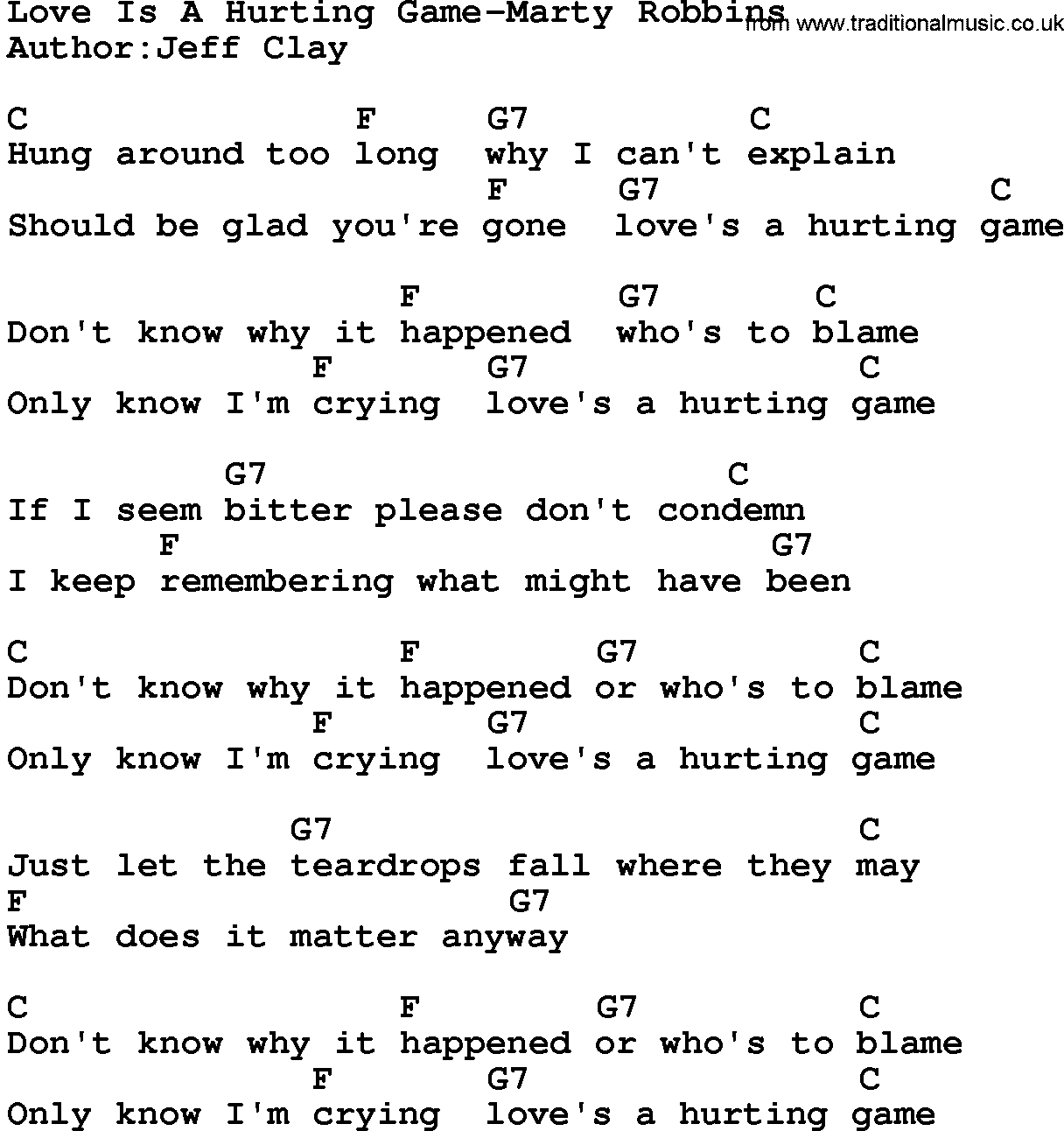 Country music song: Love Is A Hurting Game-Marty Robbins lyrics and chords