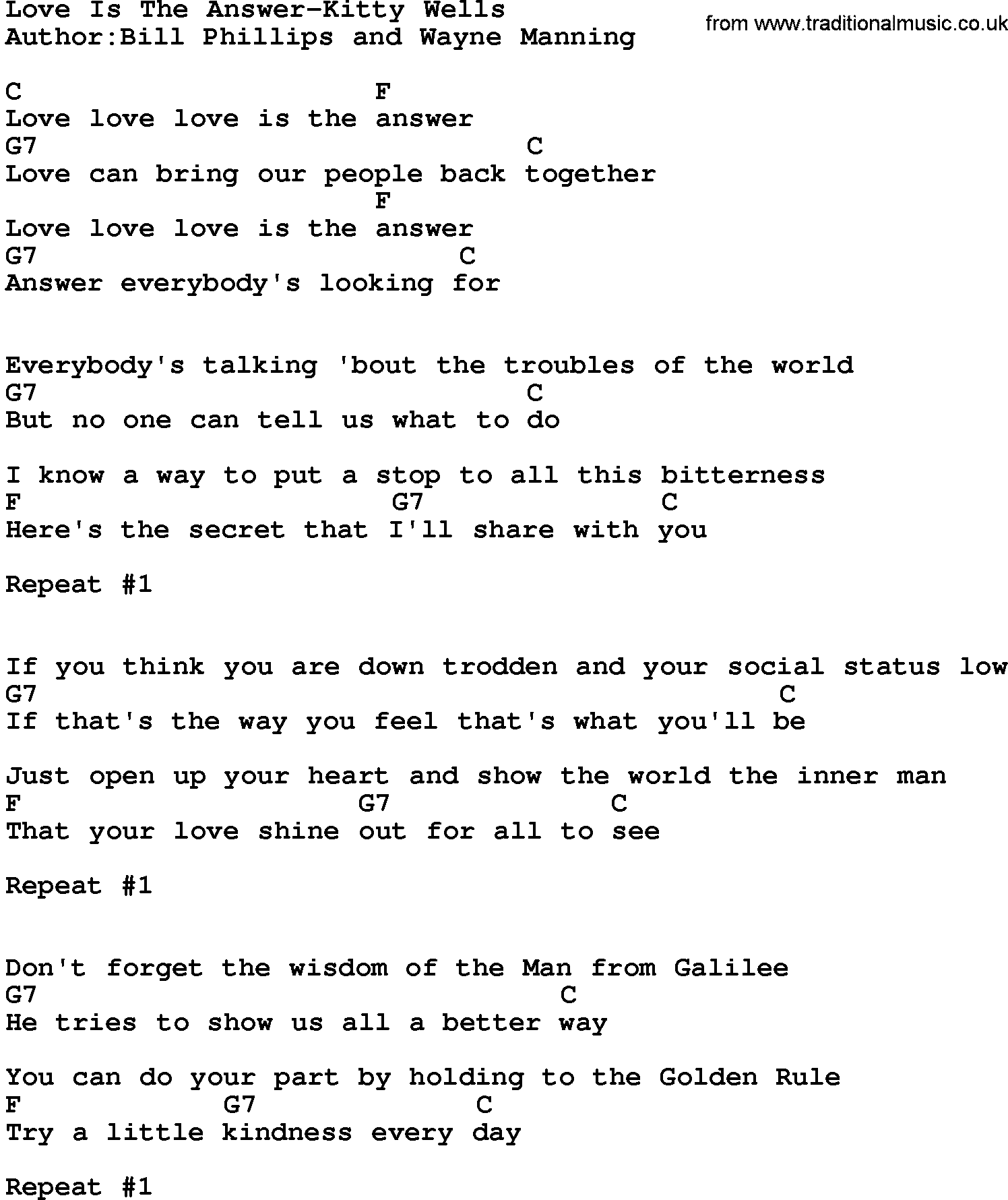 Country music song: Love Is The Answer-Kitty Wells lyrics and chords