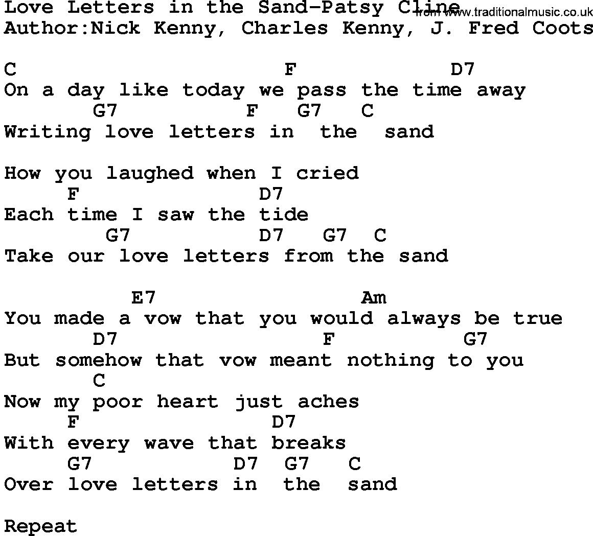 Country music song: Love Letters In The Sand-Patsy Cline lyrics and chords
