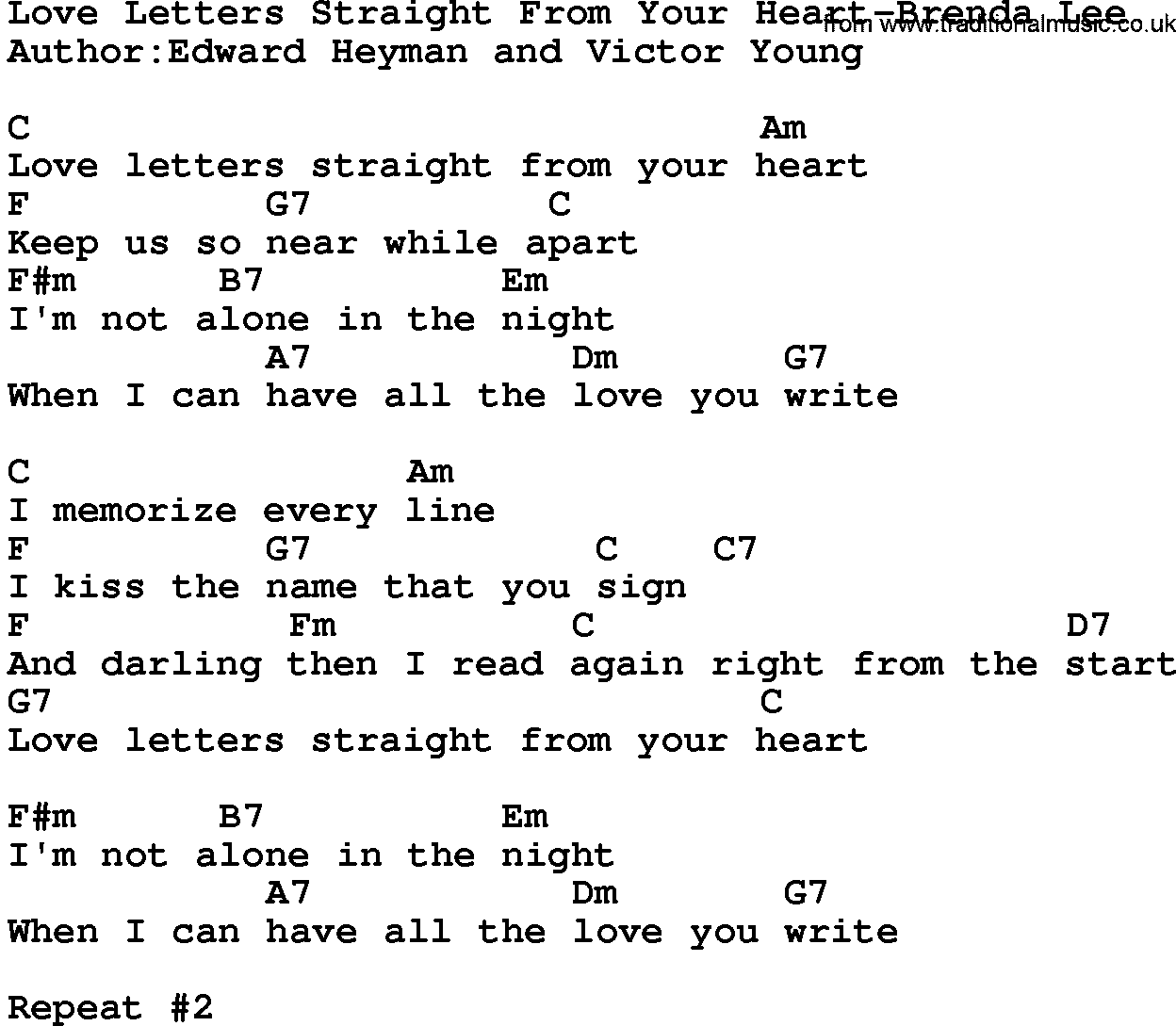 Country music song: Love Letters Straight From Your Heart-Brenda Lee lyrics and chords