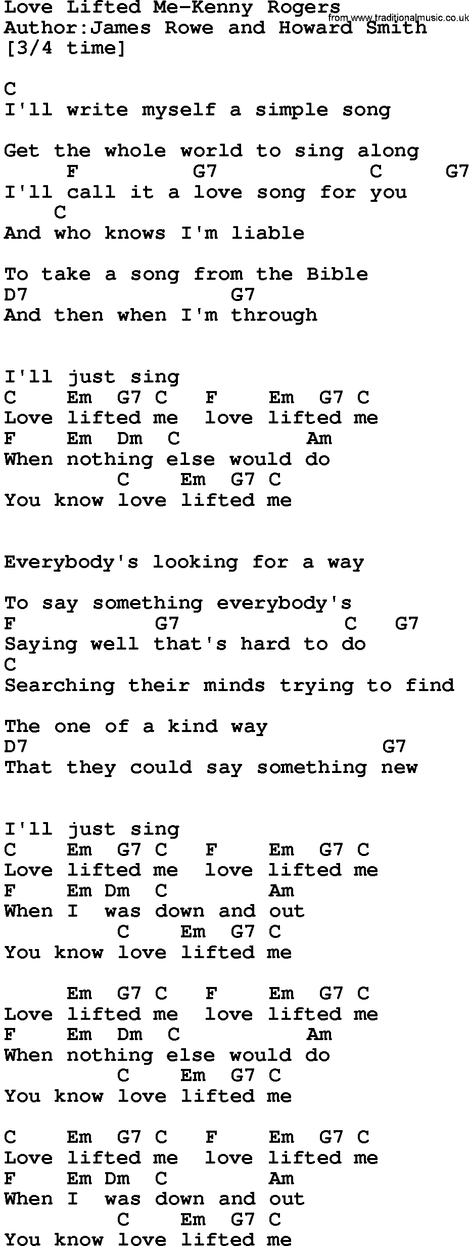 Country music song: Love Lifted Me-Kenny Rogers lyrics and chords