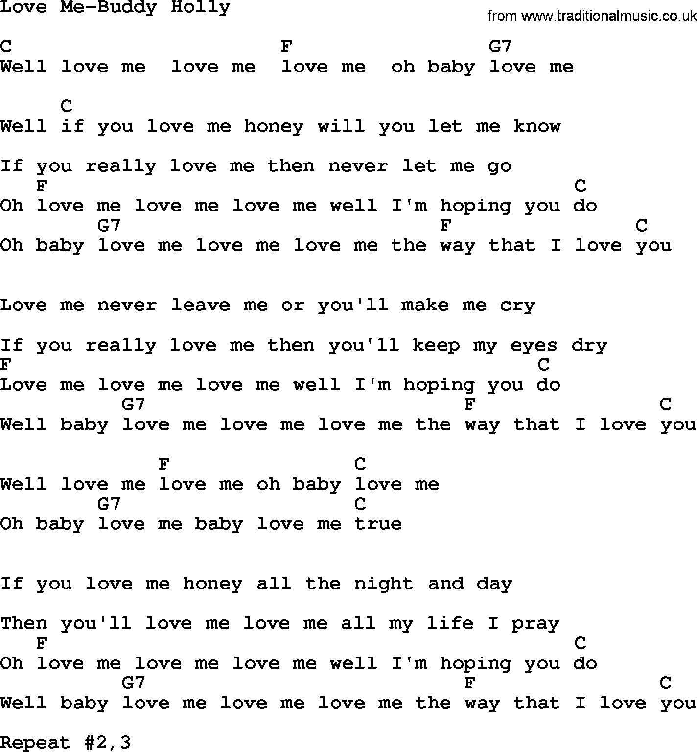 Country music song: Love Me-Buddy Holly lyrics and chords