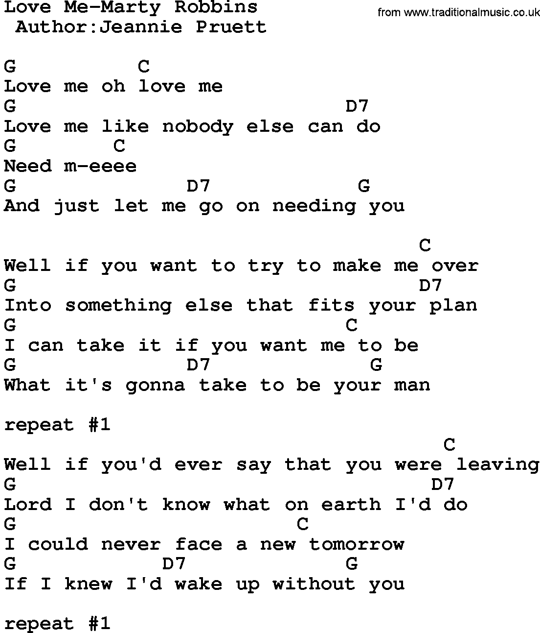 Country music song: Love Me-Marty Robbins lyrics and chords