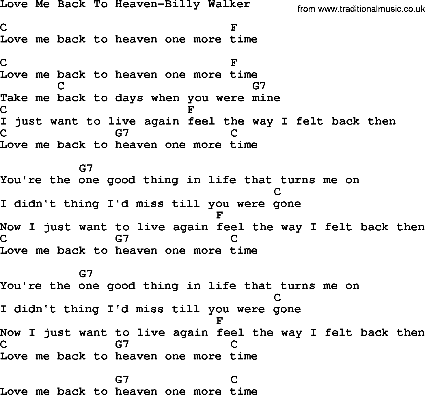 Country music song: Love Me Back To Heaven-Billy Walker lyrics and chords