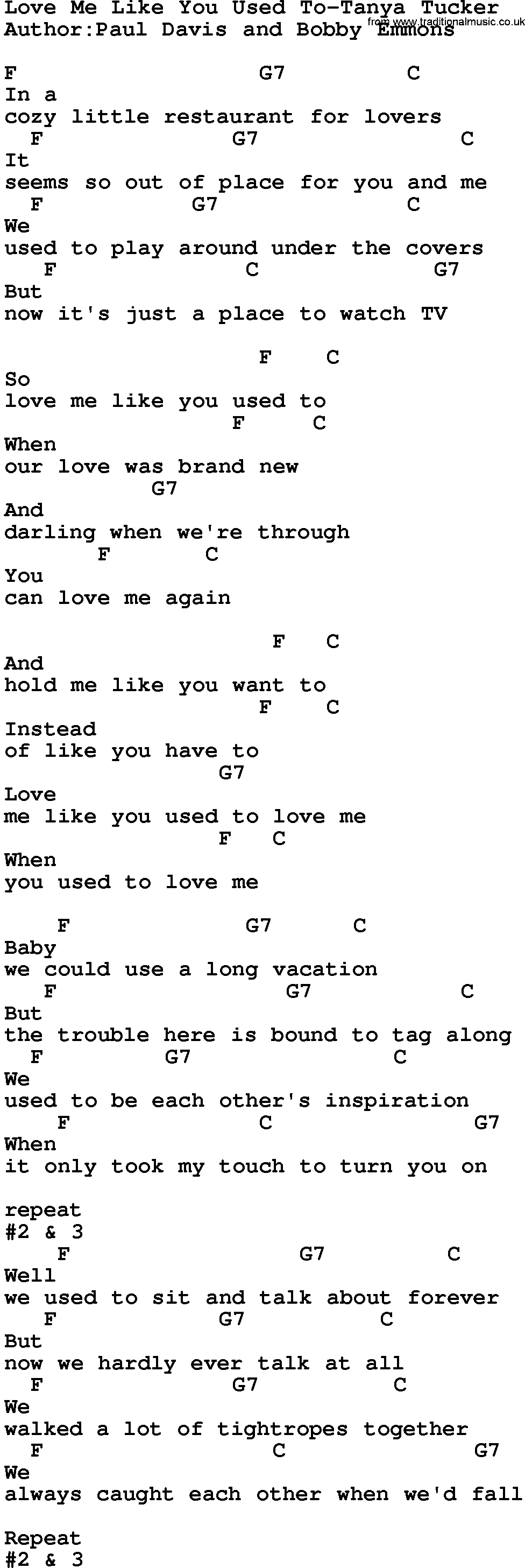 Country music song: Love Me Like You Used To-Tanya Tucker lyrics and chords