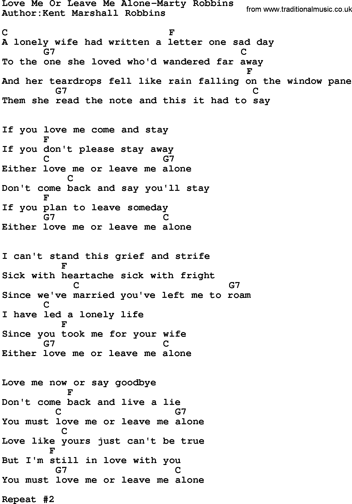 Country music song: Love Me Or Leave Me Alone-Marty Robbins lyrics and chords