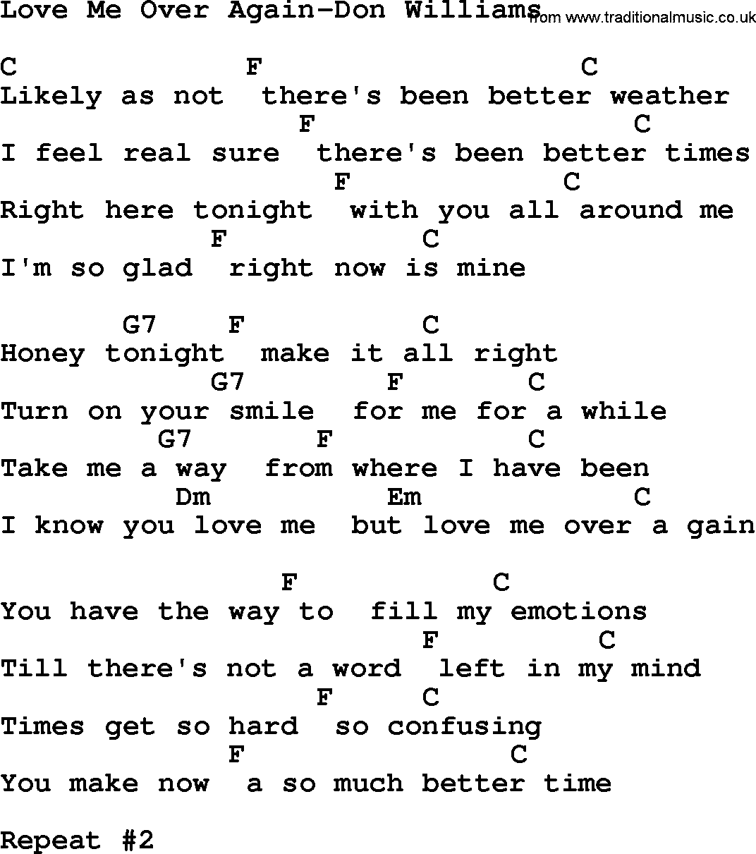 Country music song: Love Me Over Again-Don Williams lyrics and chords