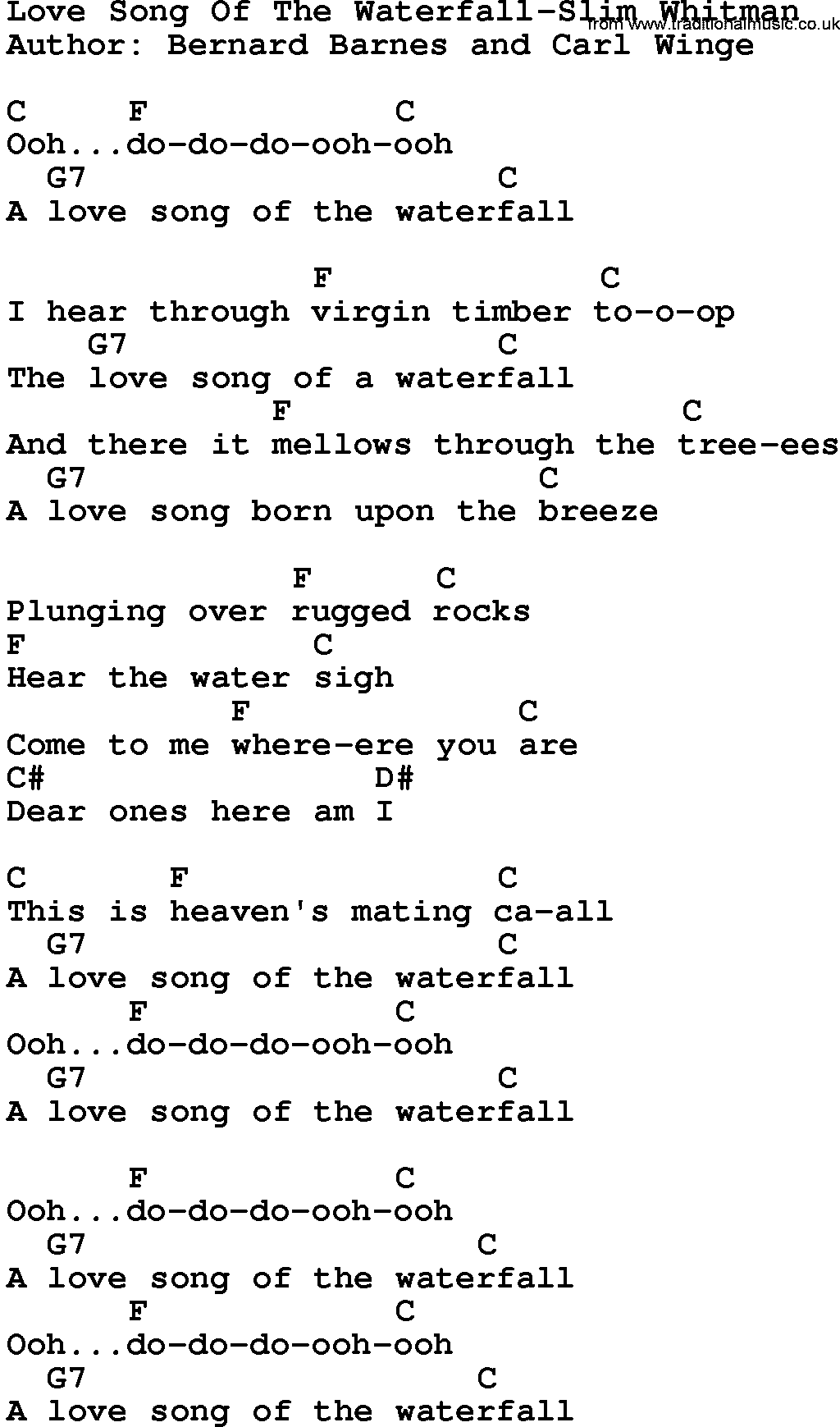 Country music song: Love Song Of The Waterfall-Slim Whitman lyrics and chords
