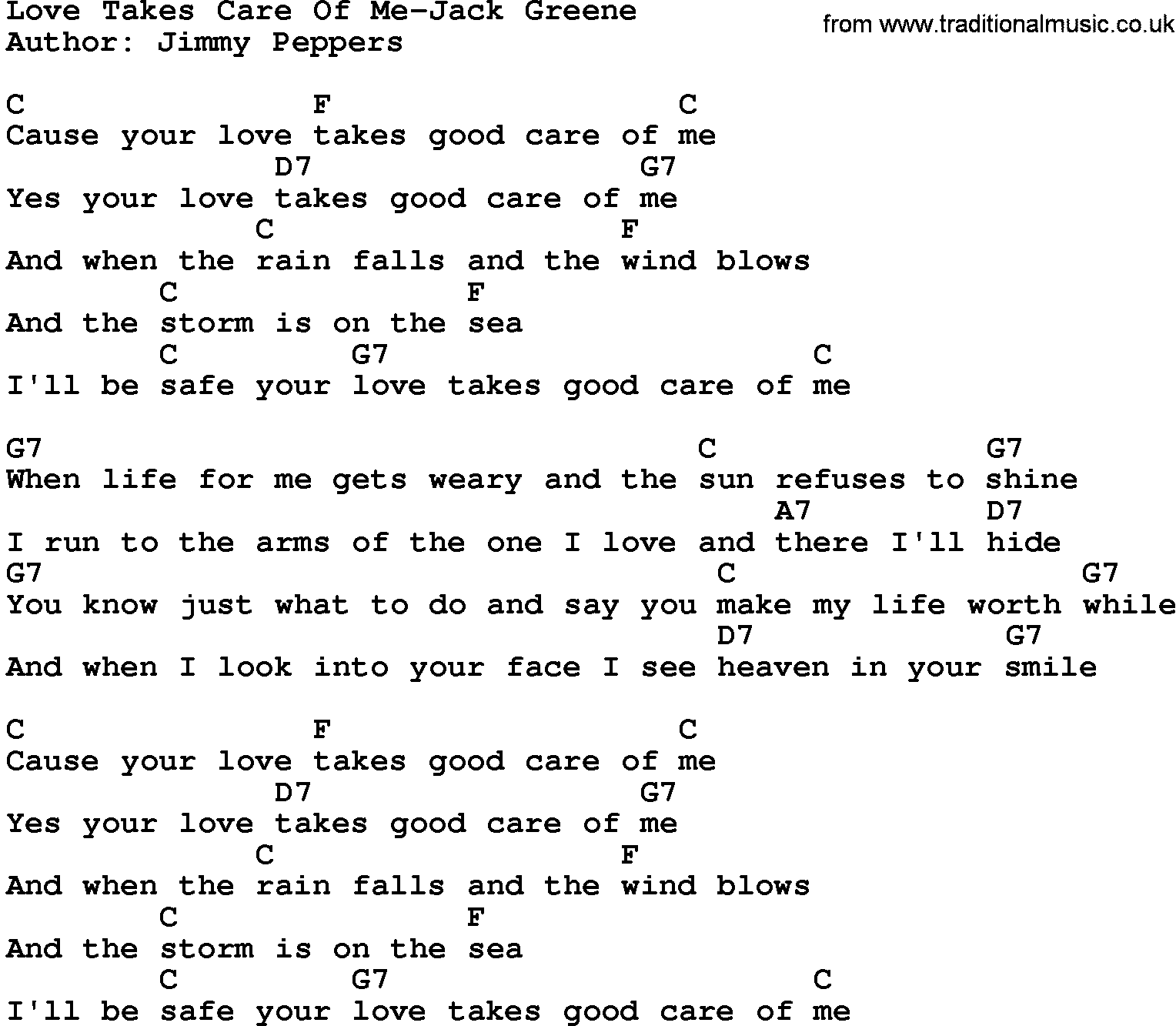 Country music song: Love Takes Care Of Me-Jack Greene lyrics and chords