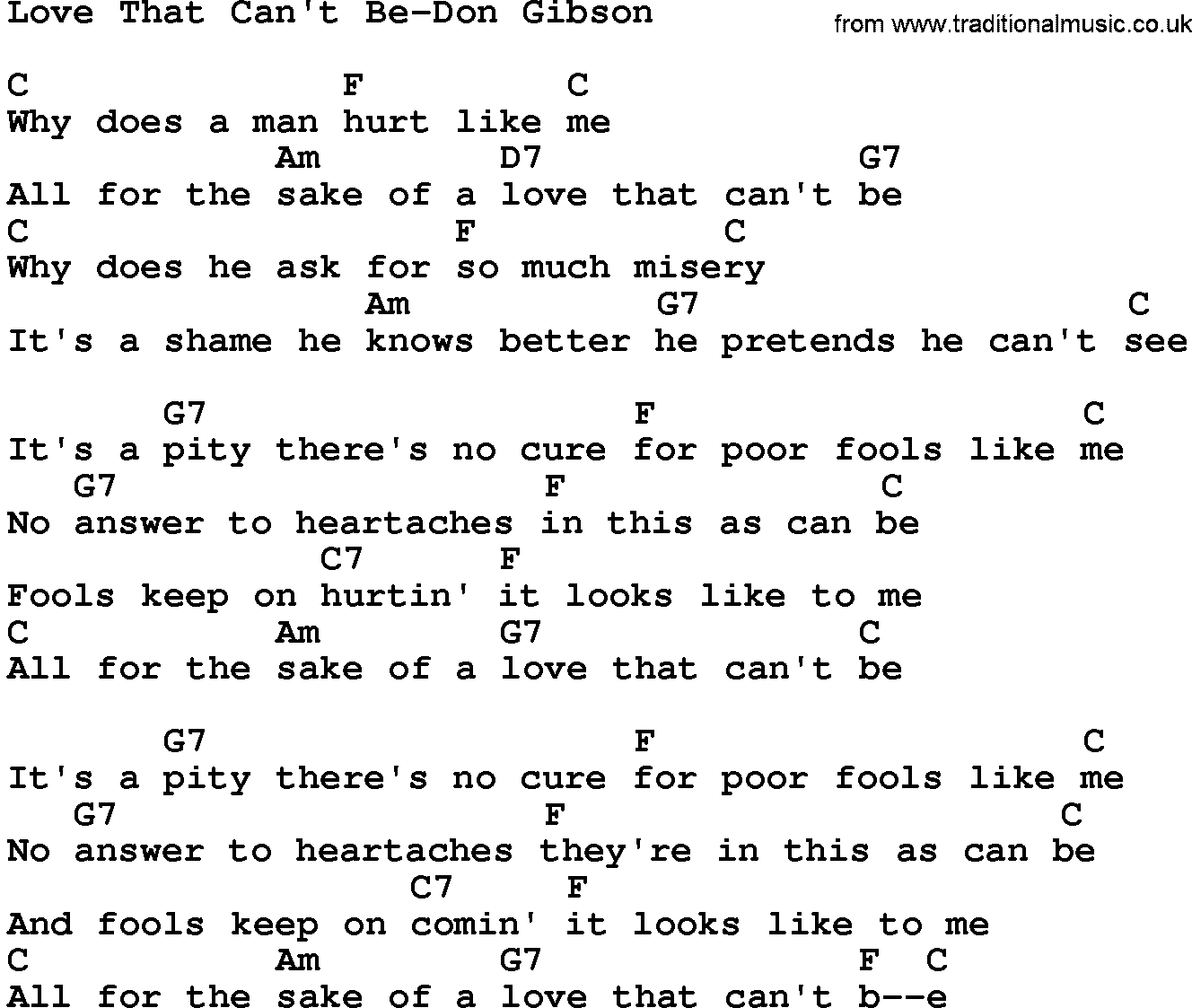 Country music song: Love That Can't Be-Don Gibson lyrics and chords