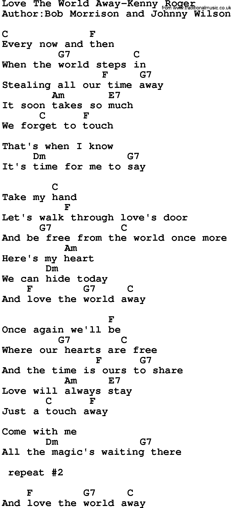 Country music song: Love The World Away-Kenny Roger lyrics and chords