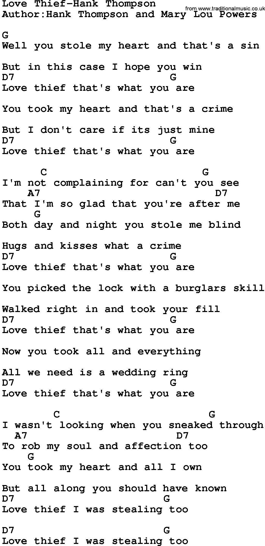 Country music song: Love Thief-Hank Thompson lyrics and chords
