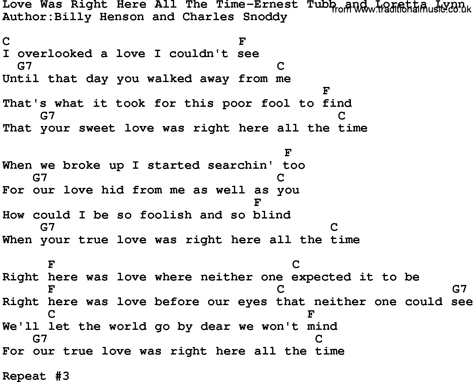 Country music song: Love Was Right Here All The Time-Ernest Tubb And Loretta Lynn lyrics and chords