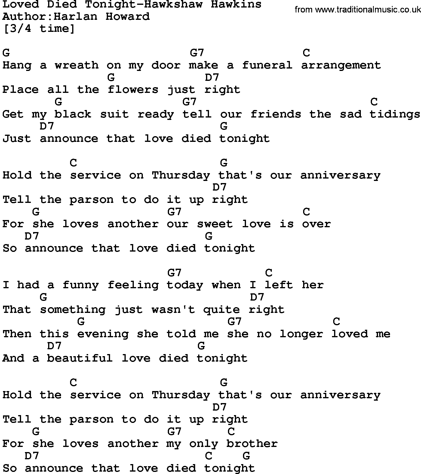 Country music song: Loved Died Tonight-Hawkshaw Hawkins lyrics and chords