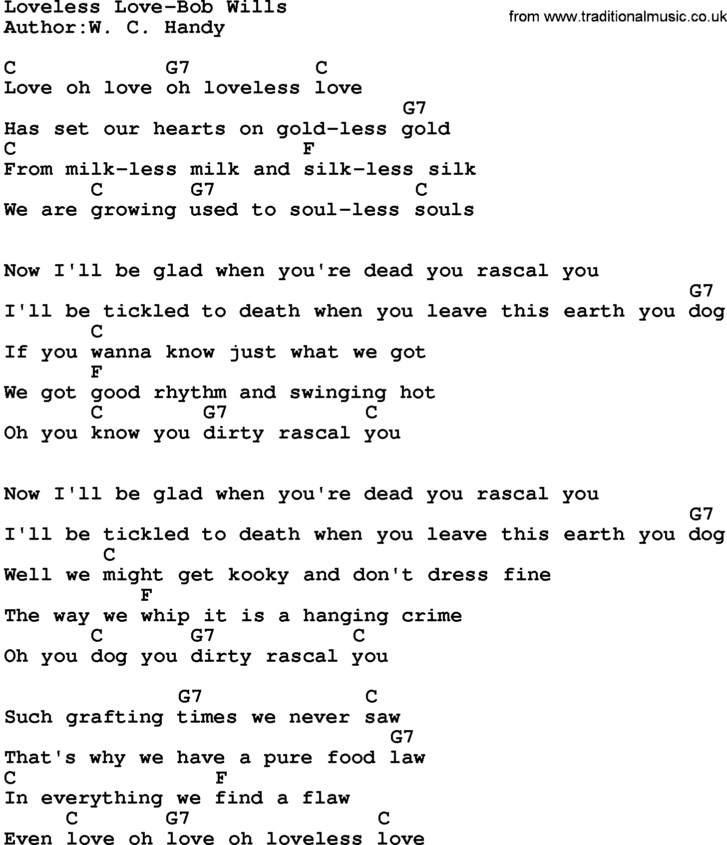 Country music song: Loveless Love-Bob Wills lyrics and chords
