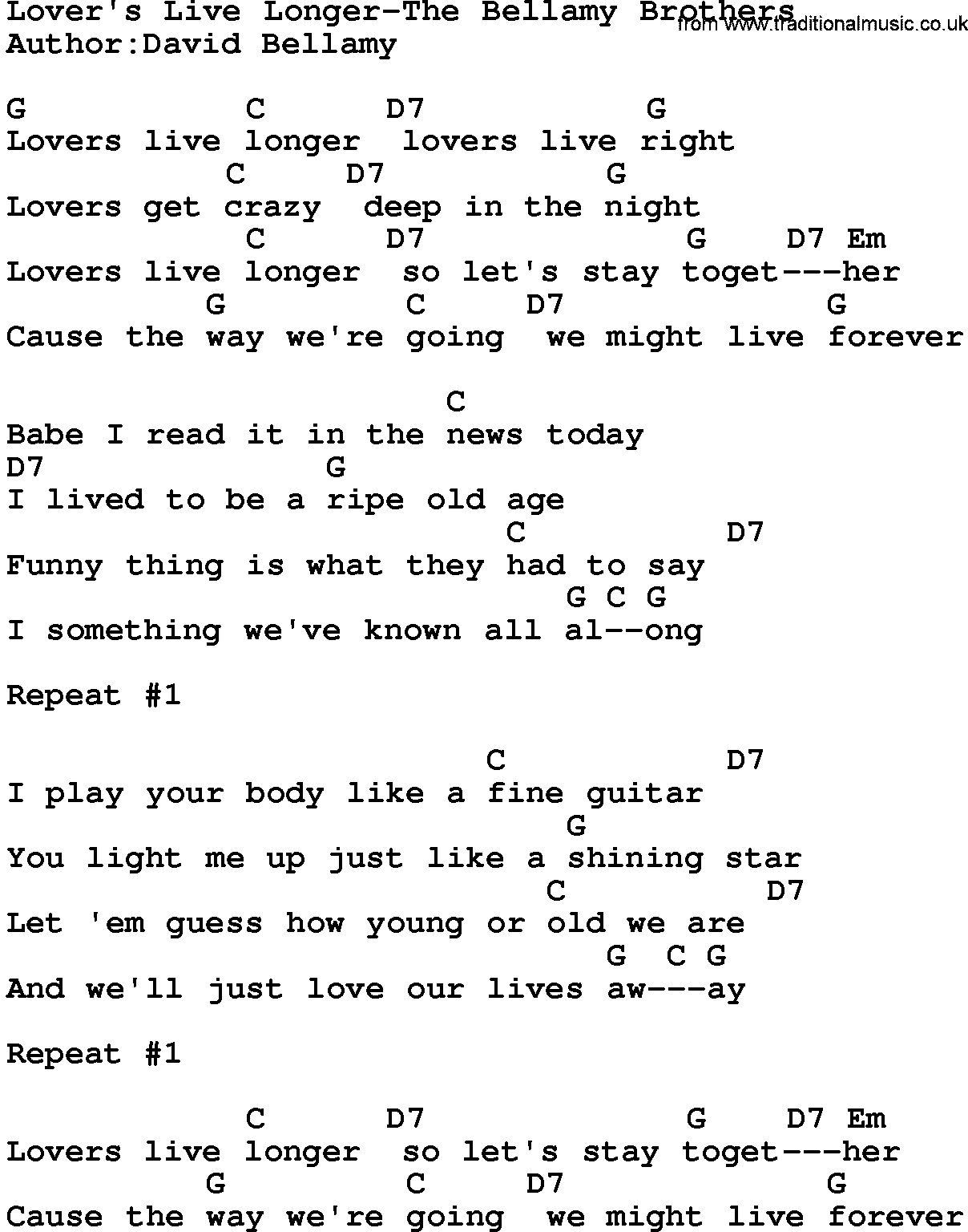 Country music song: Lover's Live Longer-The Bellamy Brothers lyrics and chords