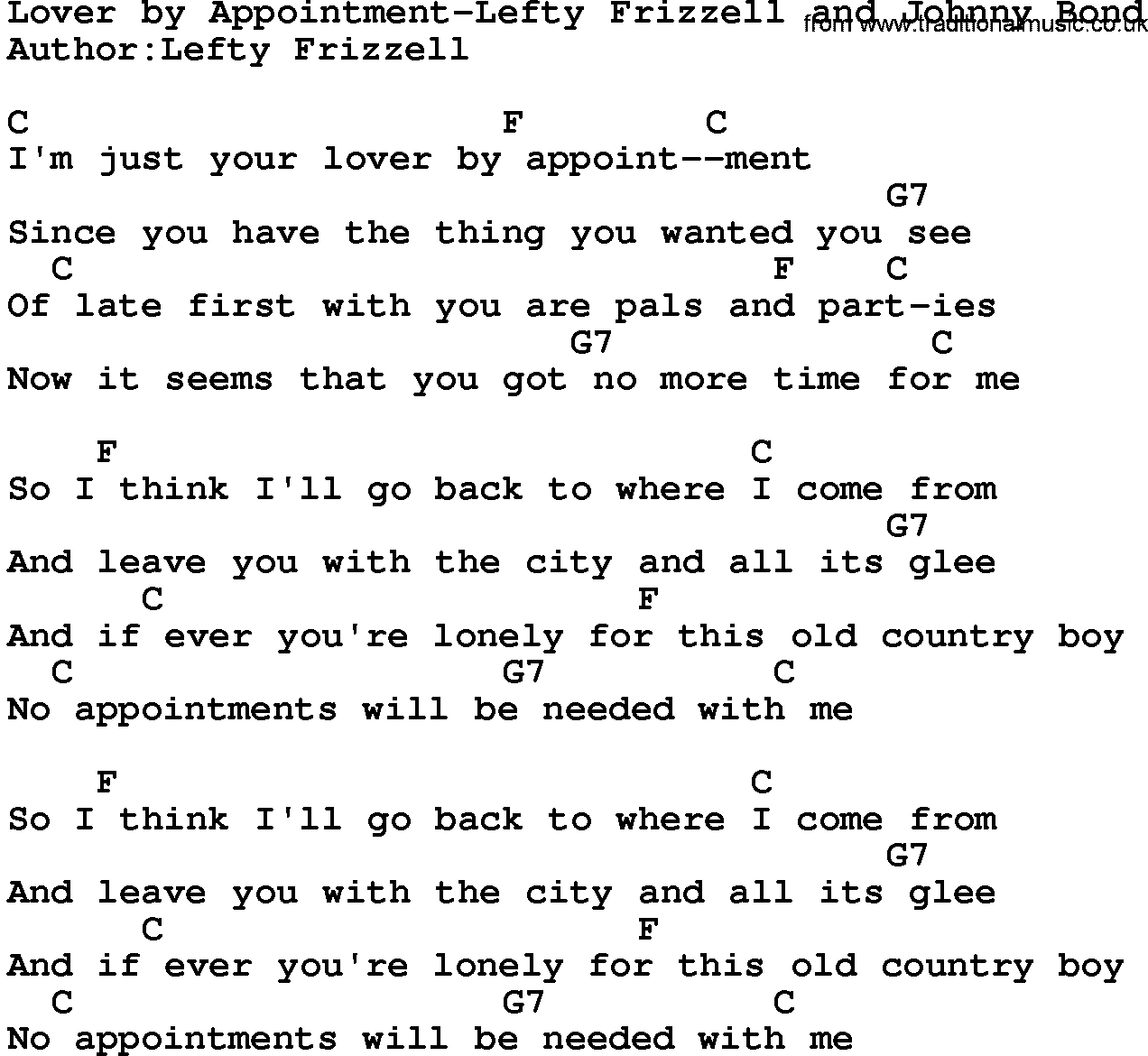 Country music song: Lover By Appointment-Lefty Frizzell And Johnny Bond lyrics and chords