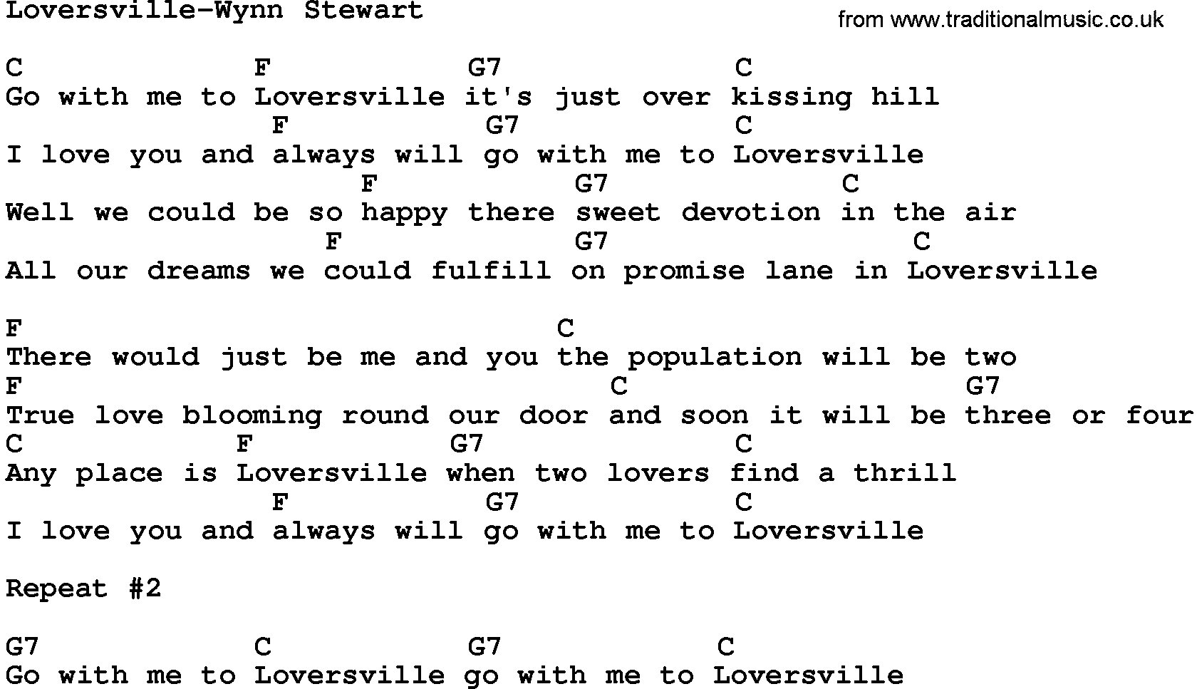 Country music song: Loversville-Wynn Stewart lyrics and chords