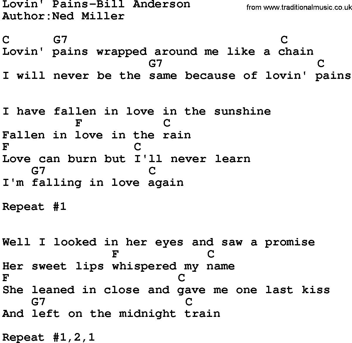 Country music song: Lovin' Pains-Bill Anderson lyrics and chords