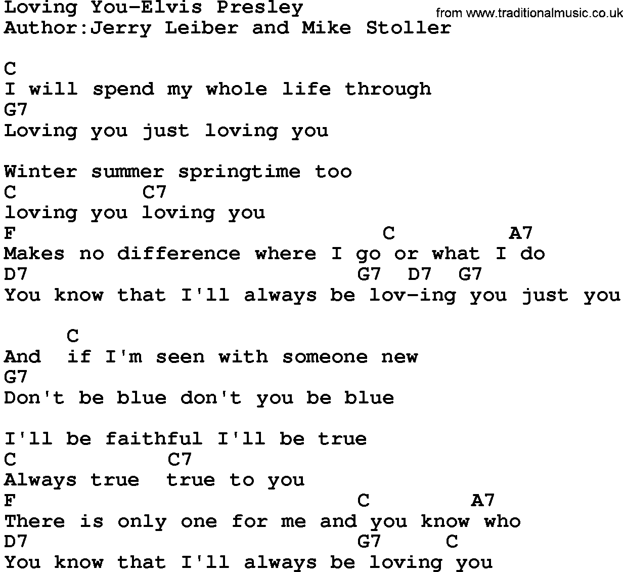 Country music song: Loving You-Elvis Presley lyrics and chords