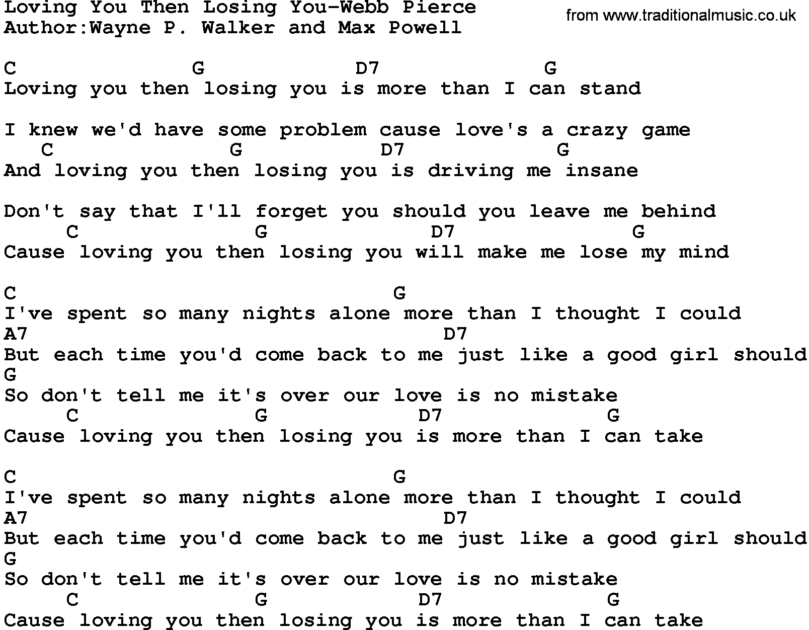 Country music song: Loving You Then Losing You-Webb Pierce lyrics and chords