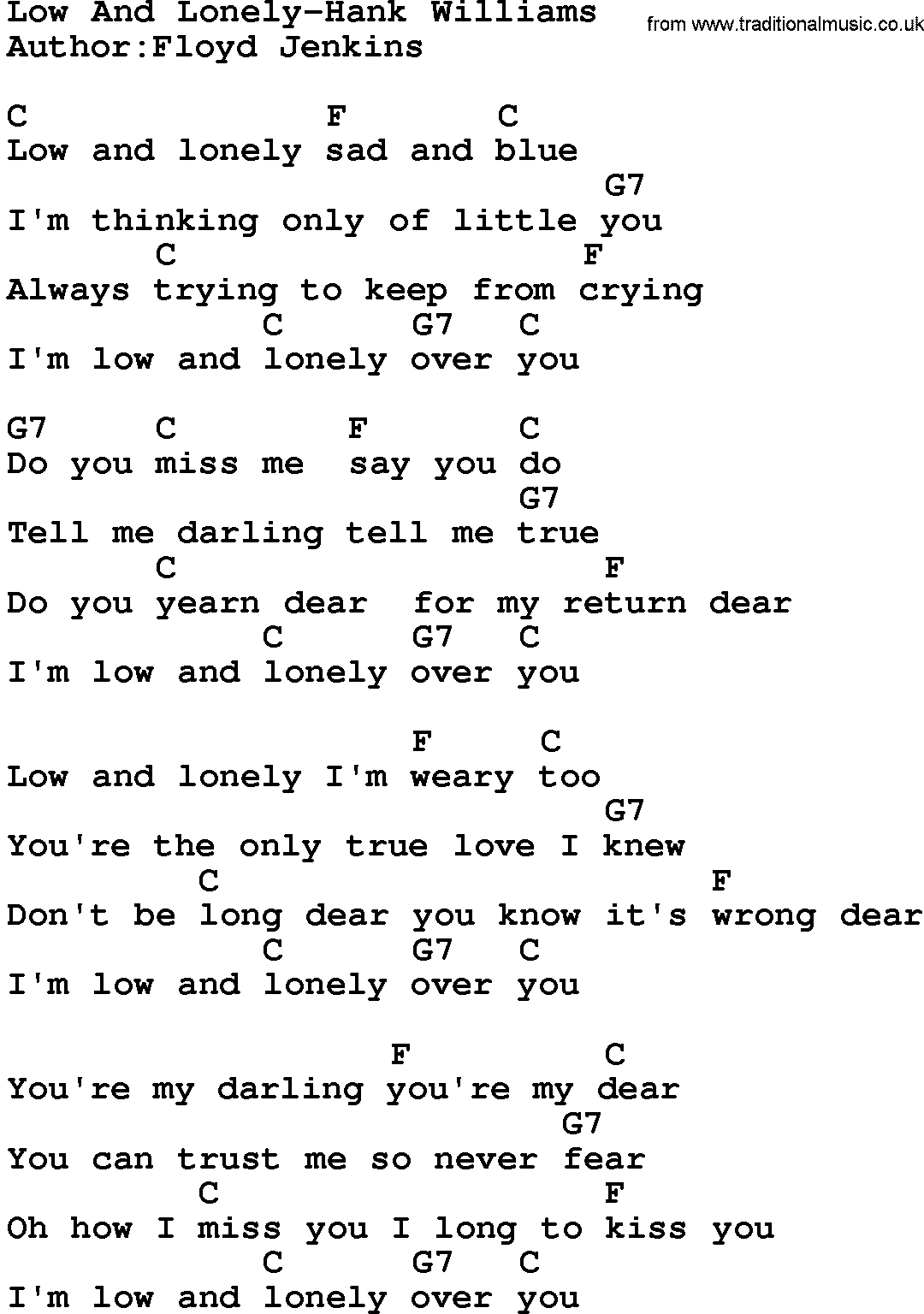 Country music song: Low And Lonely-Hank Williams lyrics and chords