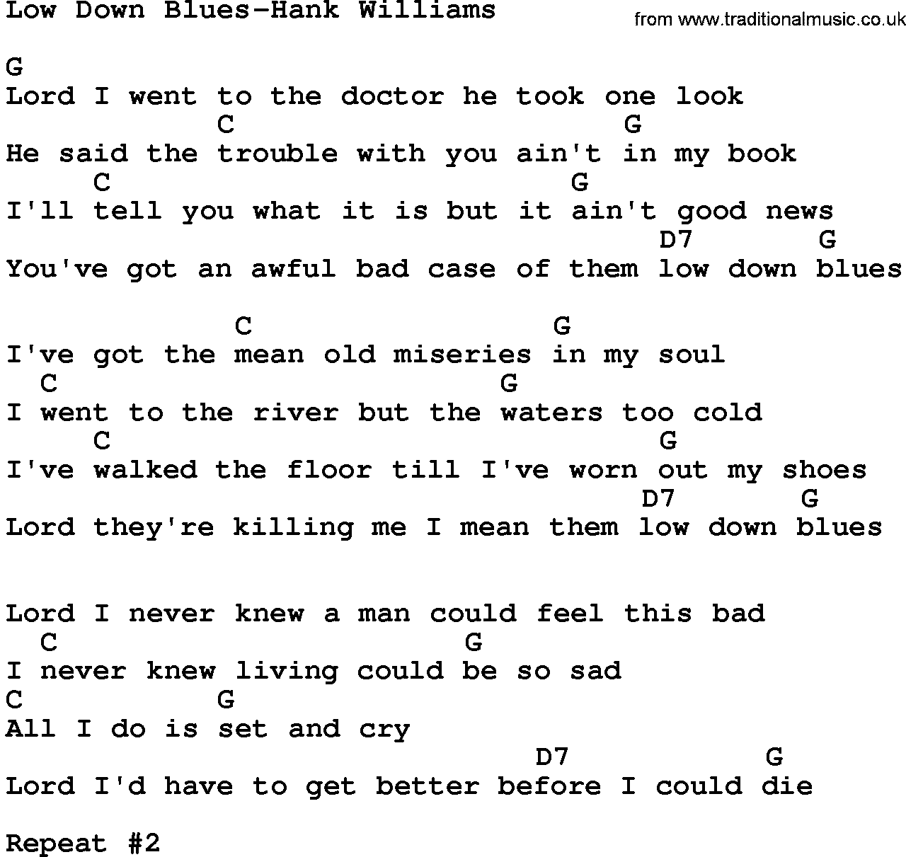 Country music song: Low Down Blues-Hank Williams lyrics and chords