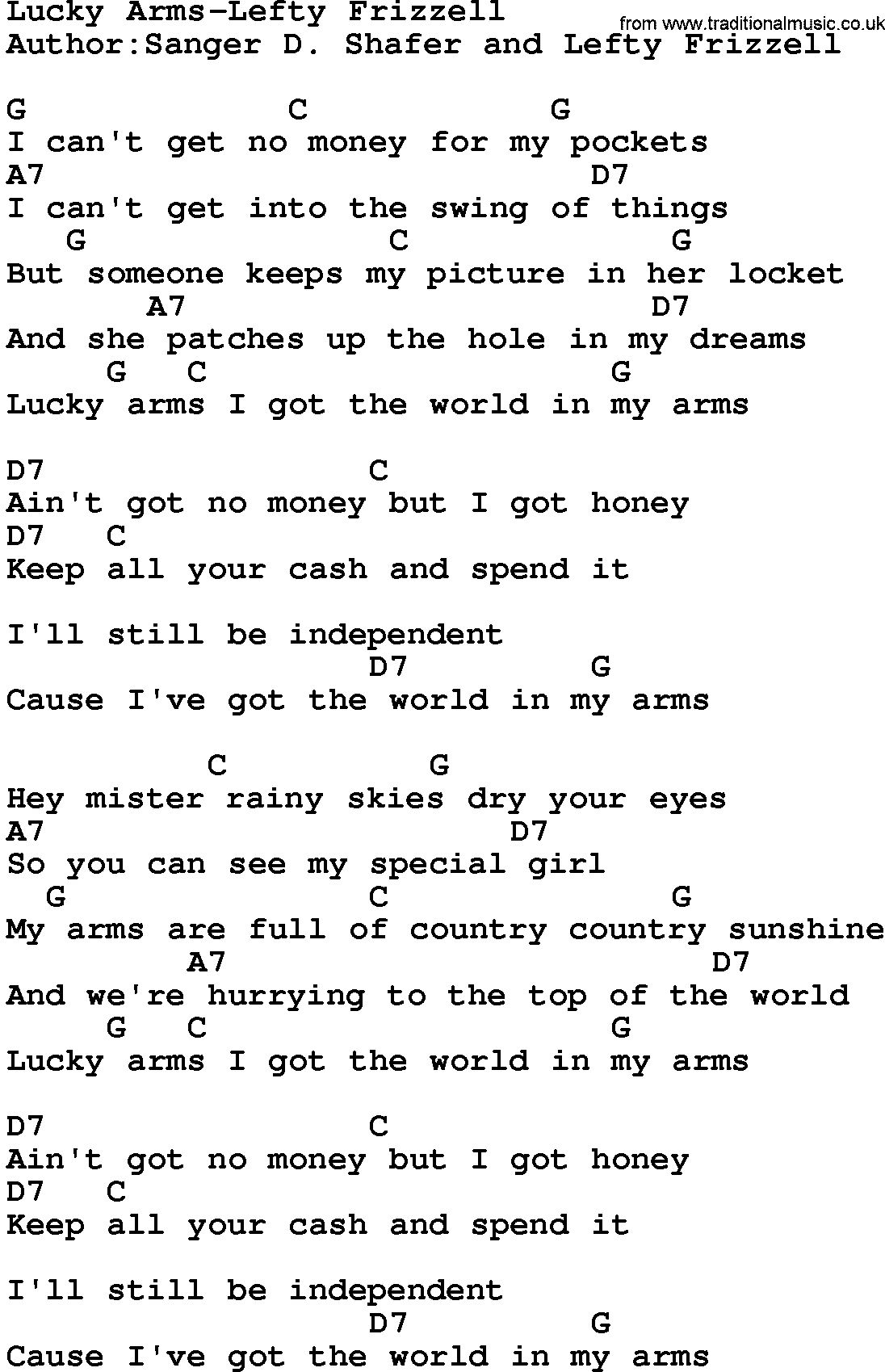 Country music song: Lucky Arms-Lefty Frizzell lyrics and chords