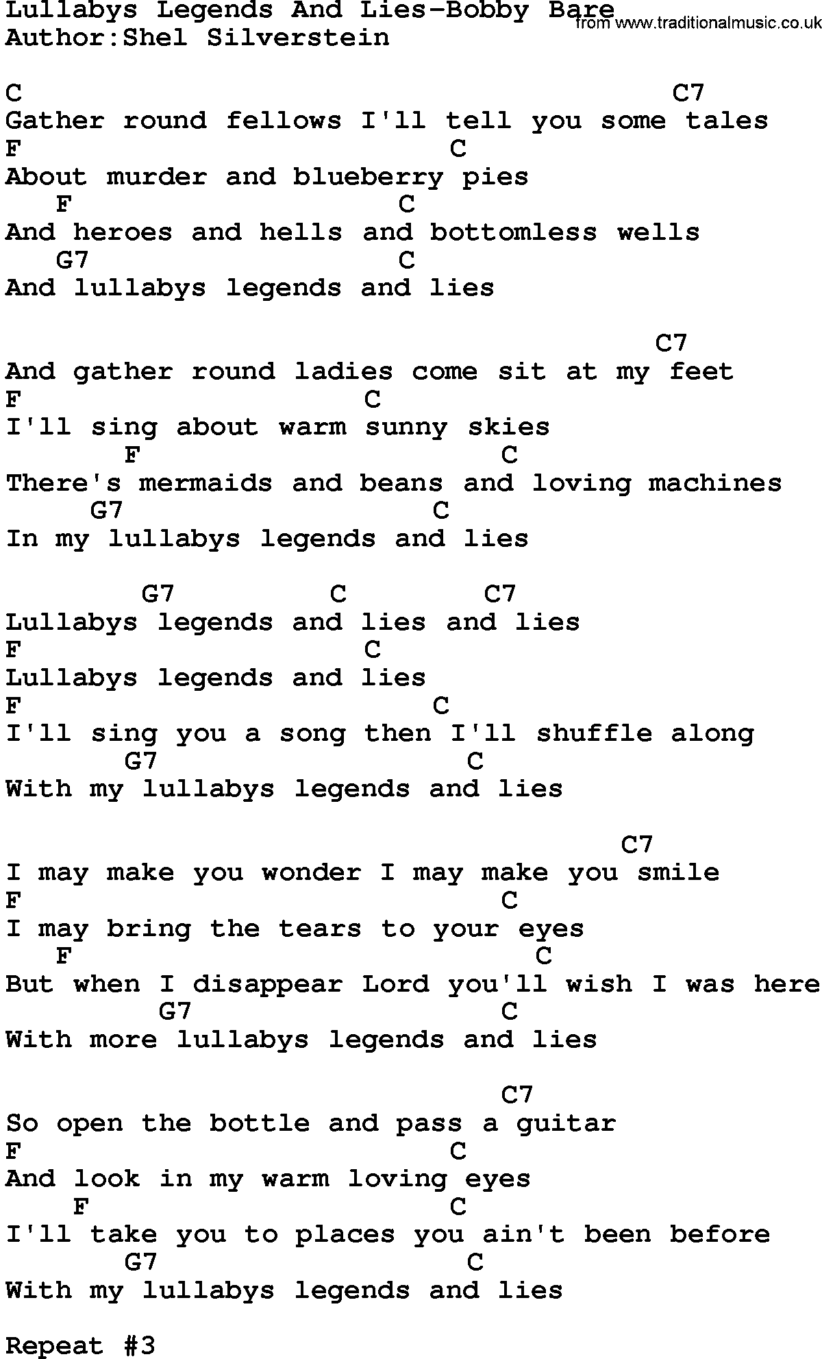 Country music song: Lullabys Legends And Lies-Bobby Bare  lyrics and chords
