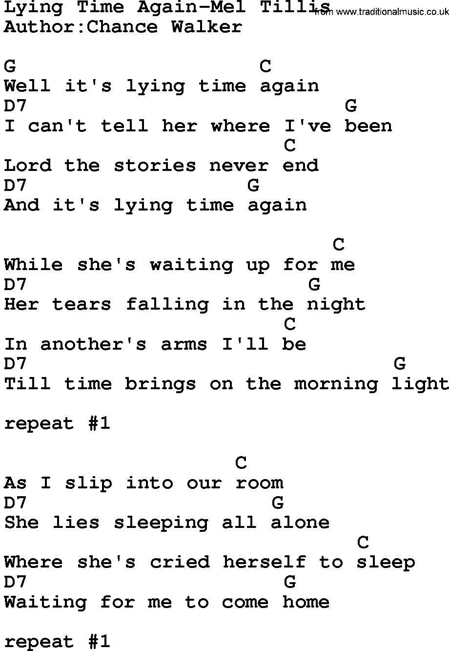 Country music song: Lying Time Again-Mel Tillis lyrics and chords