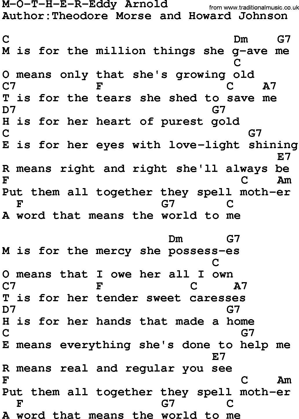Country music song: M-O-T-H-E-R-Eddy Arnold lyrics and chords